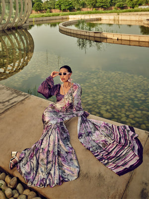 Rajwada Purple Satin Printed Saree With Unstitched Blouse For Women