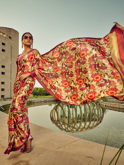 Rajwada Beige And Rust Satin Printed Saree With Unstitched Blouse For Women