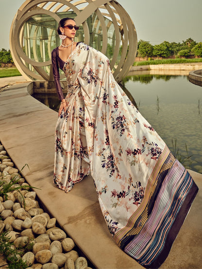 Rajwada Off White And Wine Satin Printed Saree With Unstitched Blouse For Women