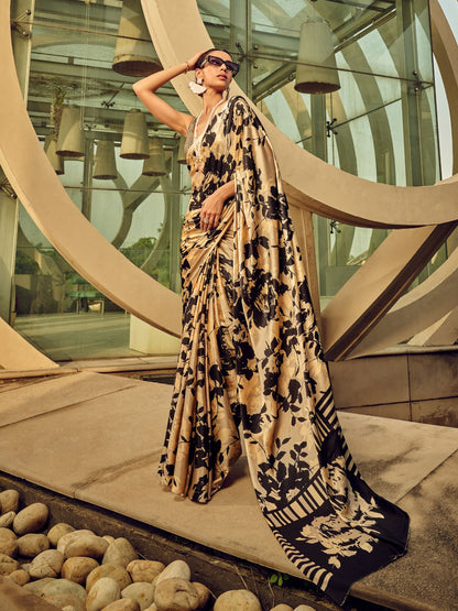 Rajwada Beige And Black Satin Printed Saree With Unstitched Blouse For Women