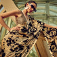 Rajwada Beige And Black Satin Printed Saree With Unstitched Blouse For Women