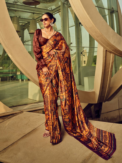 Rajwada Brown And Rust Satin Printed Saree With Unstitched Blouse For Women