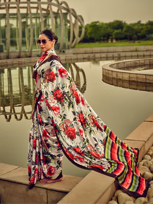 Rajwada White And Red Satin Printed Saree With Unstitched Blouse For Women