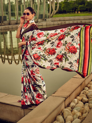 Rajwada White And Red Satin Printed Saree With Unstitched Blouse For Women
