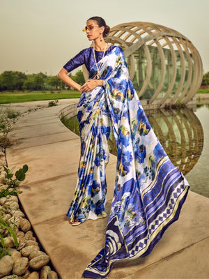 Rajwada White And Blue Satin Printed Saree With Unstitched Blouse For Women