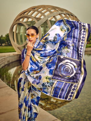 Rajwada White And Blue Satin Printed Saree With Unstitched Blouse For Women
