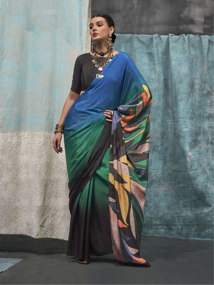 Rajwada Blue And Green Satin Printed Saree With Unstitched Blouse For Women