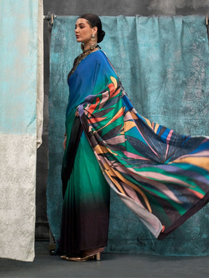 Rajwada Blue And Green Satin Printed Saree With Unstitched Blouse For Women