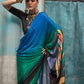 Rajwada Blue And Green Satin Printed Saree With Unstitched Blouse For Women