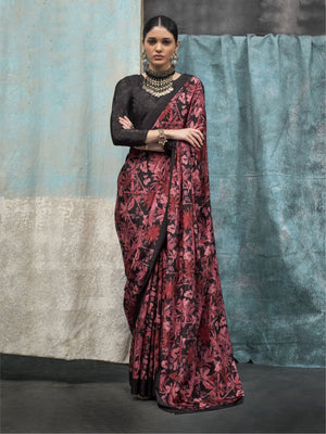 Rajwada Maroon Satin Printed Saree With Unstitched Blouse For Women