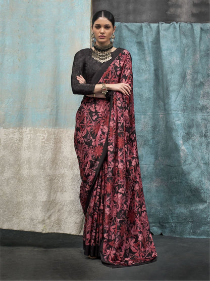 Rajwada Maroon Satin Printed Saree With Unstitched Blouse For Women
