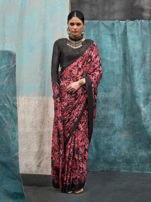 Rajwada Maroon Satin Printed Saree With Unstitched Blouse For Women