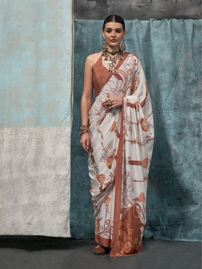 Rajwada Off White And Rust Satin Printed Saree With Unstitched Blouse For Women