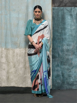 Rajwada Sea Green Satin Printed Saree With Unstitched Blouse For Women