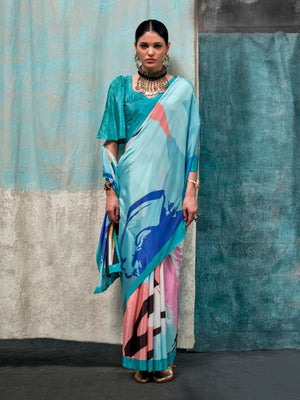 Rajwada Sea Green Satin Printed Saree With Unstitched Blouse For Women