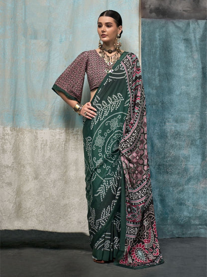 Rajwada Green And Maroon Satin Printed Saree With Unstitched Blouse For Women