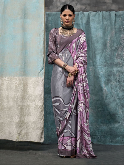 Rajwada Mauve Satin Printed Saree With Unstitched Blouse For Women