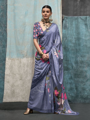 Rajwada Purple Satin Printed Saree With Unstitched Blouse For Women