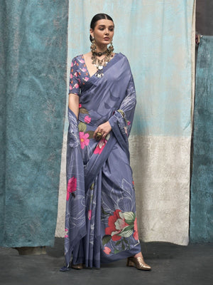 Rajwada Purple Satin Printed Saree With Unstitched Blouse For Women