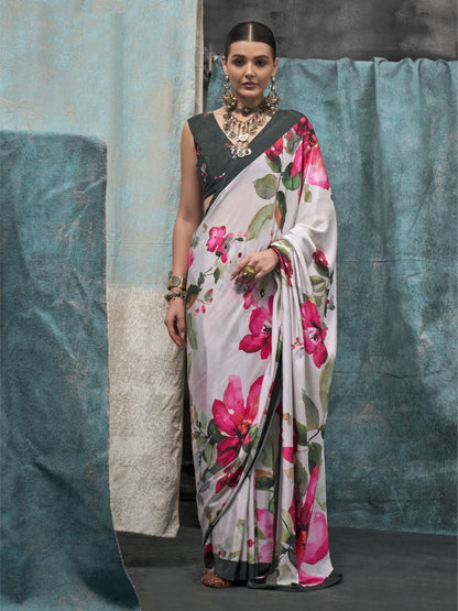 Rajwada Off White Satin Printed Saree With Unstitched Blouse For Women