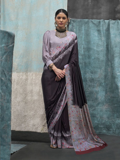 Rajwada Black And Mauve Satin Printed Saree With Unstitched Blouse For Women