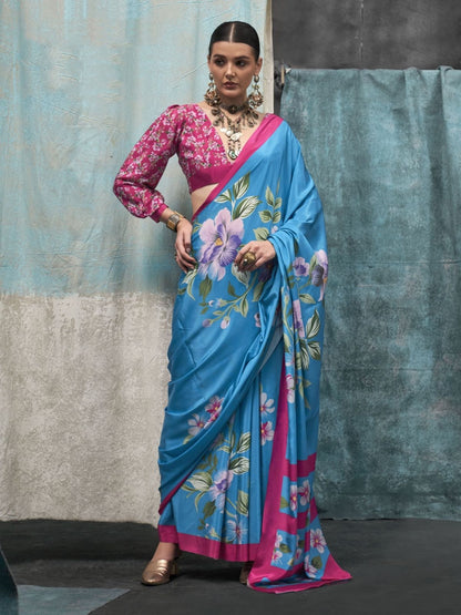 Rajwada Blue Satin Printed Saree With Unstitched Blouse For Women