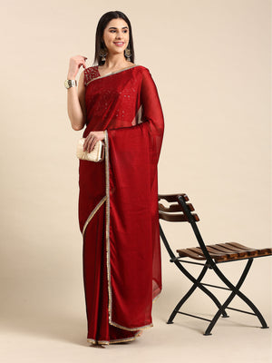 Rajwada Red Georgette Embellished Saree With Unstitched Blouse For Women