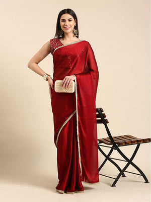 Rajwada Red Georgette Embellished Saree With Unstitched Blouse For Women