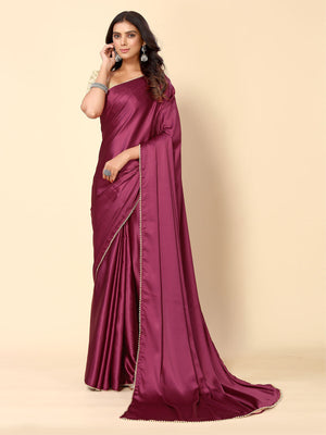 Rajwada Maroon Satin Embellished Saree With Unstitched Blouse For Women