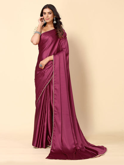 Rajwada Maroon Satin Embellished Saree With Unstitched Blouse For Women
