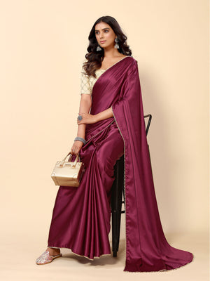 Rajwada Maroon Satin Embellished Saree With Unstitched Blouse For Women