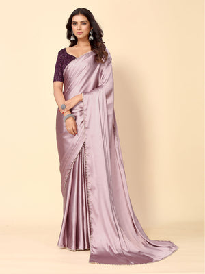 Rajwada Mauve Satin Embellished Saree With Unstitched Blouse For Women