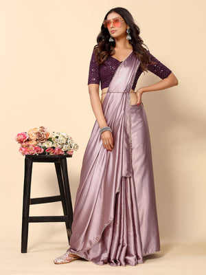 Rajwada Mauve Satin Embellished Saree With Unstitched Blouse For Women