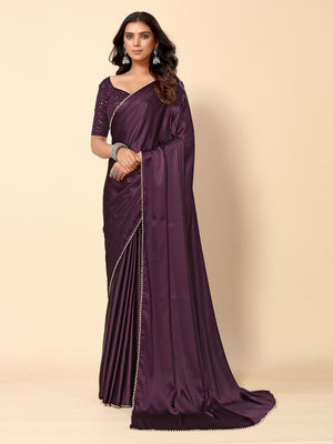 Rajwada Wine Satin Embellished Saree With Unstitched Blouse For Women