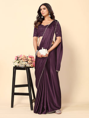 Rajwada Wine Satin Embellished Saree With Unstitched Blouse For Women