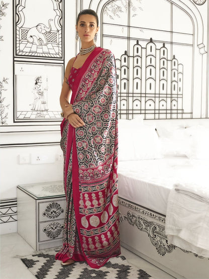 Rajwada Maroon Satin Printed Saree With Unstitched Blouse For Women