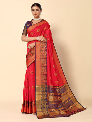 Rajwada Red And Navy Blue Cotton Blend Woven Design Saree With Unstitched Blouse For Women