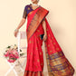 Rajwada Red And Navy Blue Cotton Blend Woven Design Saree With Unstitched Blouse For Women