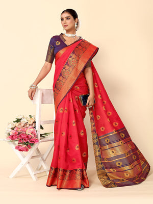 Rajwada Red And Navy Blue Cotton Blend Woven Design Saree With Unstitched Blouse For Women