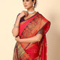 Rajwada Red And Navy Blue Cotton Blend Woven Design Saree With Unstitched Blouse For Women