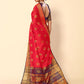 Rajwada Red And Navy Blue Cotton Blend Woven Design Saree With Unstitched Blouse For Women