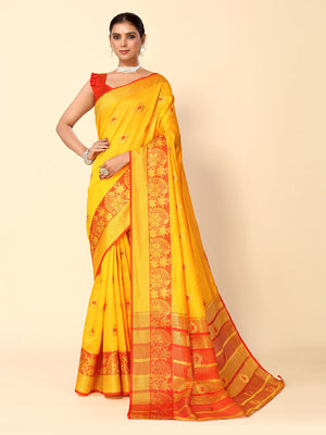 Rajwada Yellow Cotton Blend Woven Design Saree With Unstitched Blouse For Women