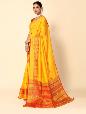 Rajwada Yellow Cotton Blend Woven Design Saree With Unstitched Blouse For Women