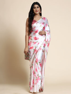 Rajwada White And Pink Satin Printed Saree With Unstitched Blouse For Women