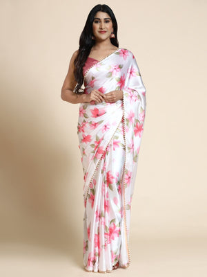 Rajwada White And Pink Satin Printed Saree With Unstitched Blouse For Women