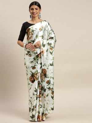 Rajwada White And Brown Satin Printed Saree With Unstitched Blouse For Women