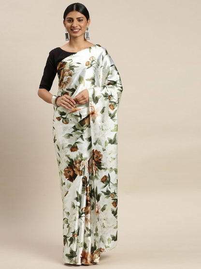 Rajwada White And Brown Satin Printed Saree With Unstitched Blouse For Women