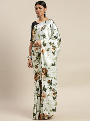 Rajwada White And Brown Satin Printed Saree With Unstitched Blouse For Women