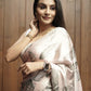 Rajwada Off White And Green Satin Printed Saree With Unstitched Blouse For Women