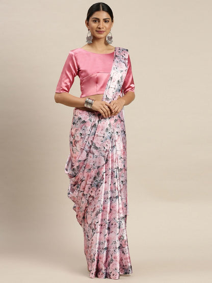 Rajwada Pink Satin Printed Saree With Unstitched Blouse For Women